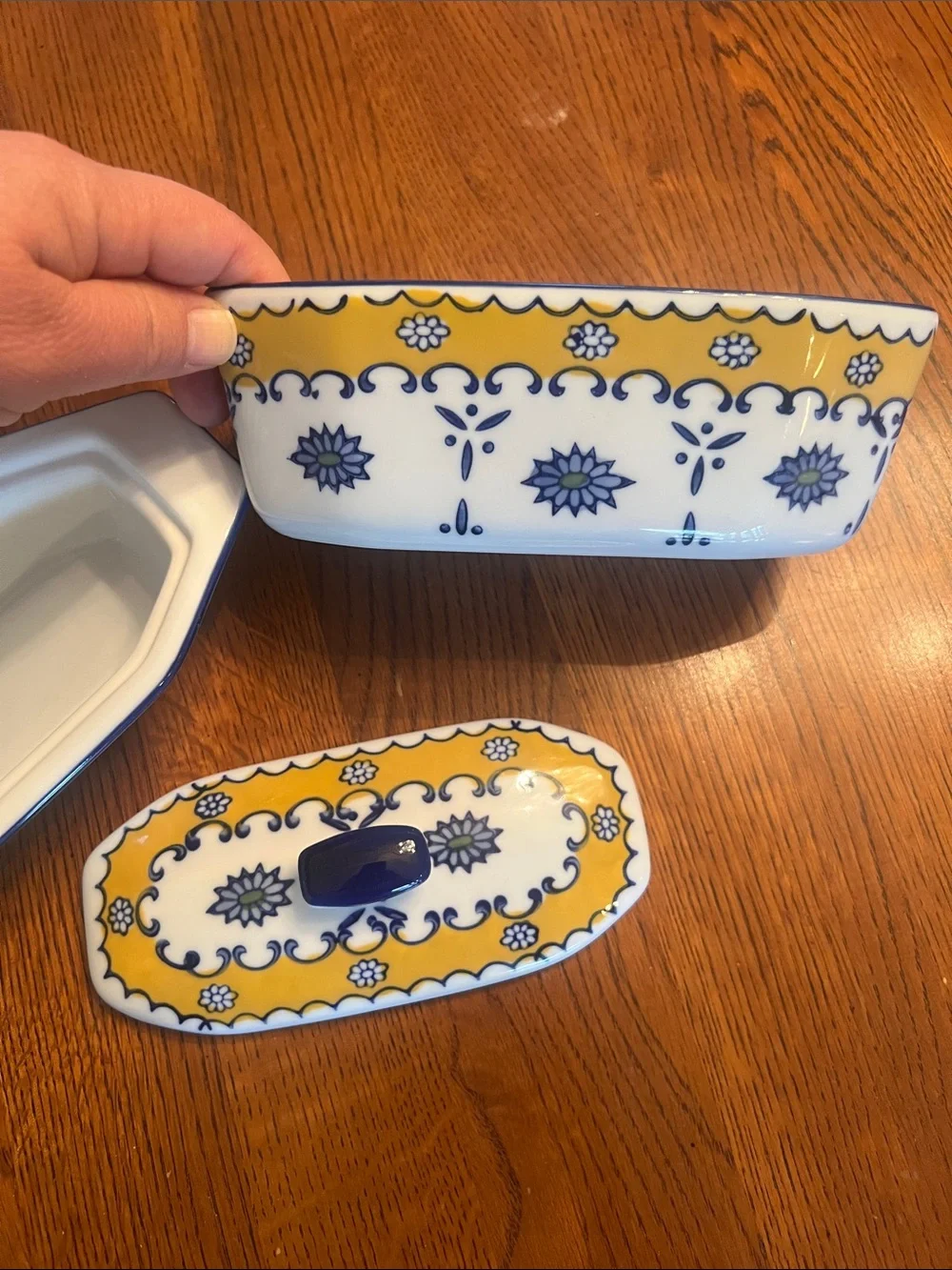 Vintage Cook Street Ceramic Covered Butter Dish 3 Pieces Yellow Blue Floral VG